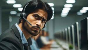 An Indian call center agent is visibly upset while working.