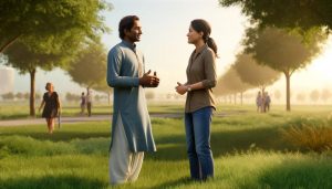 An Indian man and Filipino woman converse in a park on a sunny day.