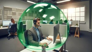 A call center agent sitting at a workstation, wearing a headset, with a green translucent bubble around them about 2 feet in diameter.