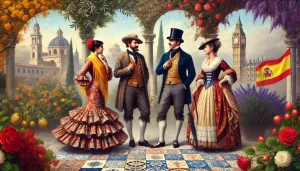 A wide image showing a picturesque setting with elements representing Spain, Italy, and France, such as Spanish tiles, Italian olive trees, and French