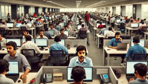 A call center in India with about 50 call center agents working at their desks with headsets on.