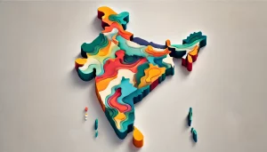 A highly accurate, wide-angle stylized map of India in a modern and artistic representation.