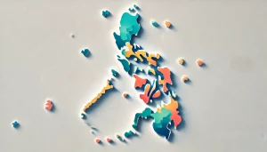 The shape of the Philippines printed on a plain white background. The design showcases the archipelago, including major islands and smaller islands.