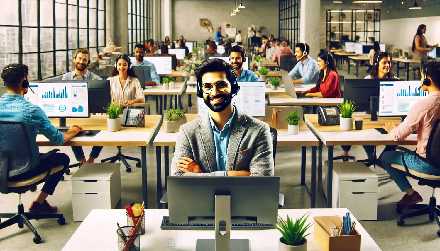 A customer service agent in a vibrant office setting in India or the Philippines, surrounded by several other employees working at their desks.