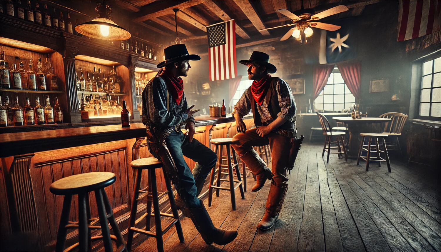 Two people dressed like cowboys having a conversation in a rustic bar setting. The scene captures a warm, dimly lit bar with wood.