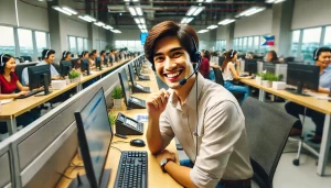 Filipino call center employee talking on the phone in a busy call center office. The employee is seated at a desk with a computer, keyboard and phone. 