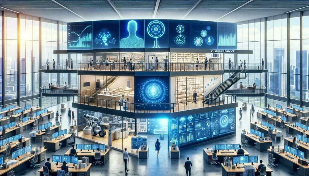 A wide image showcasing AI implementation in large enterprises. The scene includes a modern office building with multiple floors.