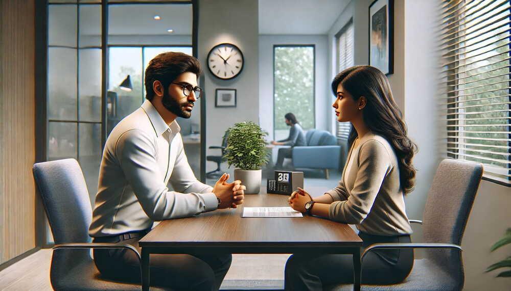 A realistic scene in a modern office room with two Indian people. One is interviewing the other for a call center job. The interviewer, a man sits across from the interviewee.