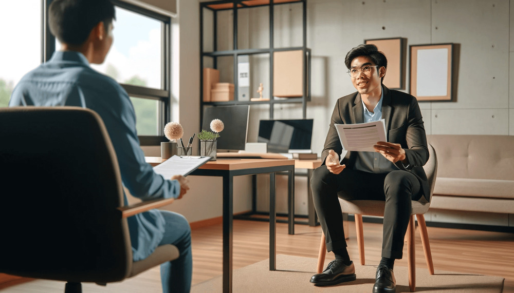 A Filipino person sitting at a desk in a private office interview room, dressed in business casual attire. They are interacting with a recruiter.