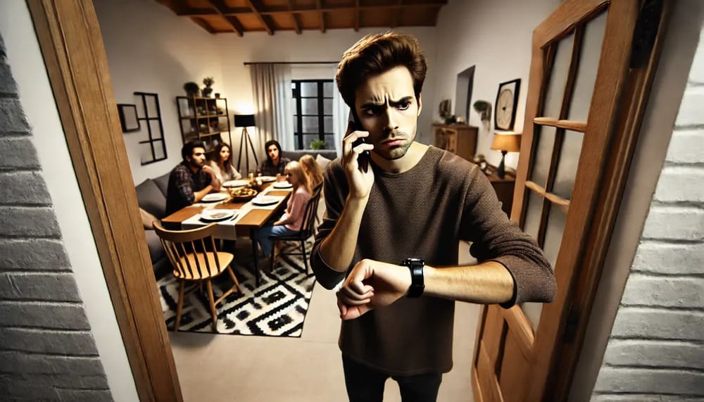 A wide-angle image of a frustrated person on their cell phone, standing in their living room, glancing at their watch while speaking on the phone.