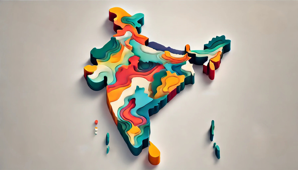 A highly accurate, wide-angle stylized map of India in a modern and artistic representation.