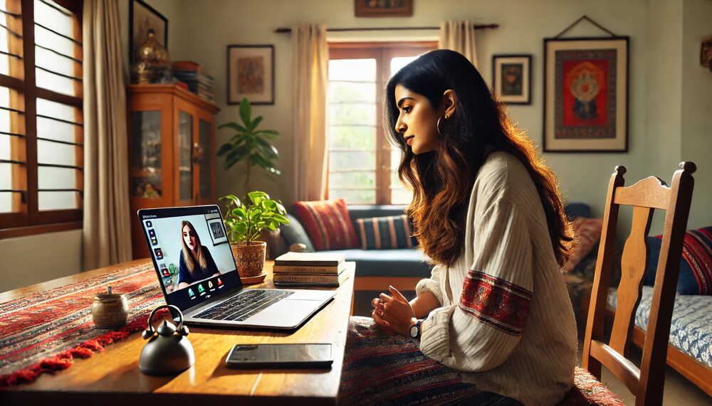 Indian woman working from home, sitting at a desk with a laptop open in front of her. She is on a Zoom call with another woman.