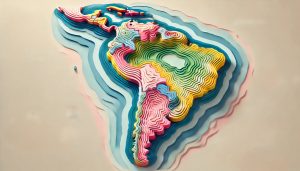 A stylized 3D-layered map of Latin America, accurately following the geographic outlines with vibrant colors throughout the map.