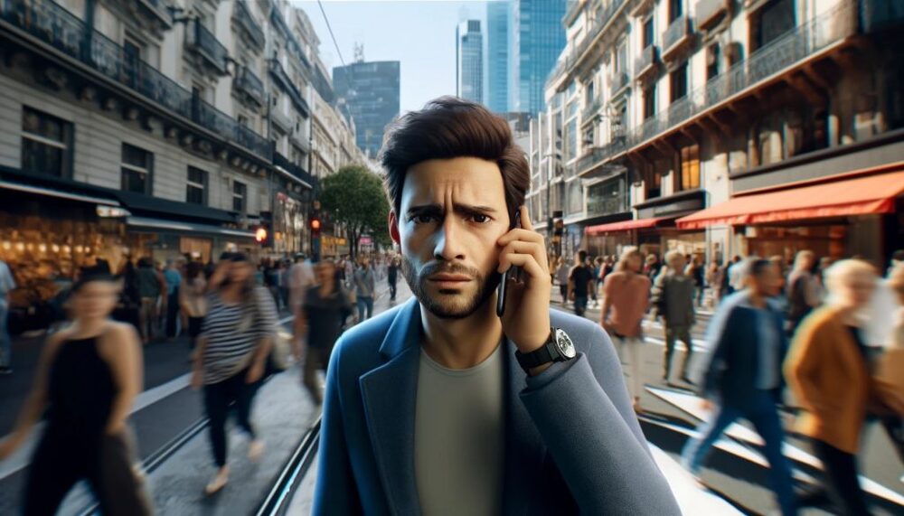 Man talks on cellphone in the middle of a busy street. 