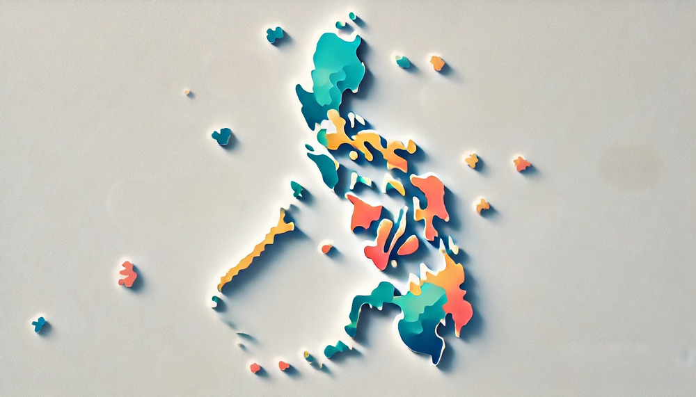 The shape of the Philippines printed on a plain white background. The design showcases the archipelago, including major islands and smaller islands.