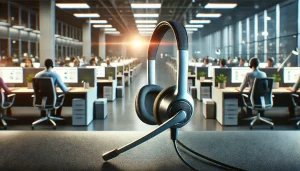 A headset positioned upright on desk with rest of call center floor row of desks in the background. 