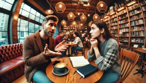 Two people sitting in a cafe bookstore speaking in English, one of them having a hard time understanding the other one. 