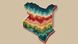 Colorful layered map of the outline of the country of Kenya, along with the flag to the right.