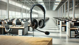 A headset positioned upright on desk with rest of call center floor row of desks in the background.