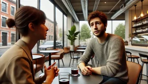 Two people conversing in a bright, window-filled wine bar, and one of the people is having a difficult time pronouncing a particular word in English.