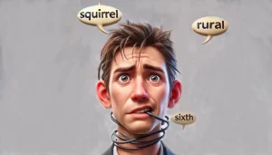 A man's face looking unsure as thought bubbles with difficult English words fill his head: rural, squirrel, sixth.