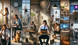 Various scenes involving employees in different sectors trying to handle calls with distracting background noise. 