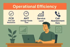A graphic of call center agent at desk with headset on, working on laptop, important CX metrics like First Call Resolution (FCR), Average Handle Time (AHT), Service Level, and Call Abandonment Rate are listed above him. 